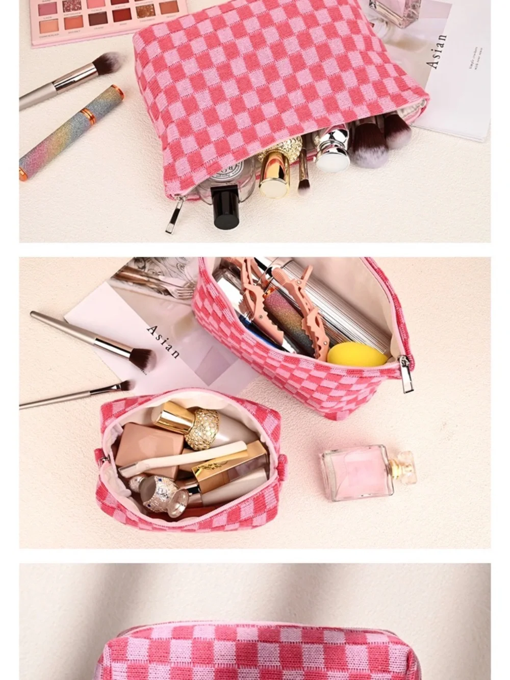 Pink Checkered Cosmetic Bag - Travel Makeup Organizer